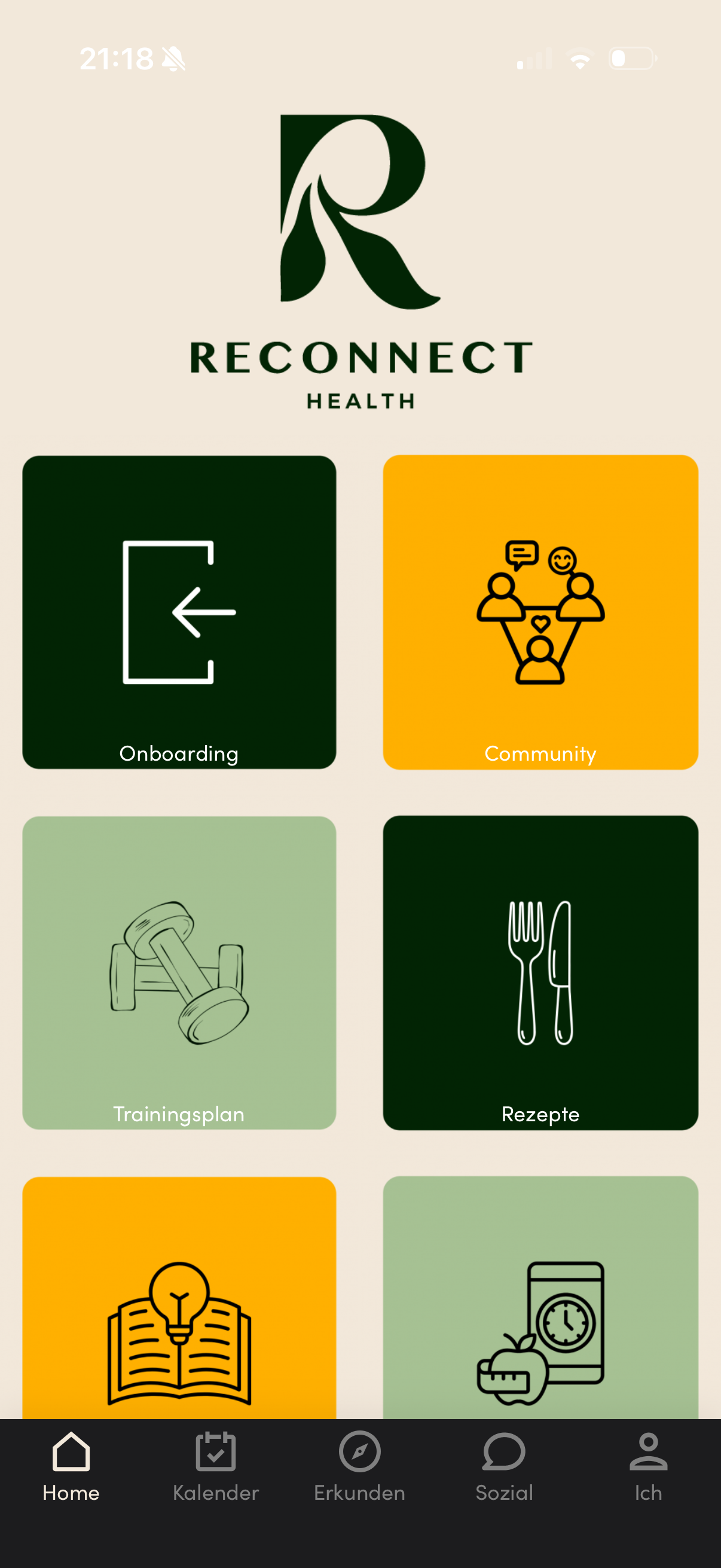 Die Reconnect-Health-App: Startseite mit allen Bausteinen als Kacheln